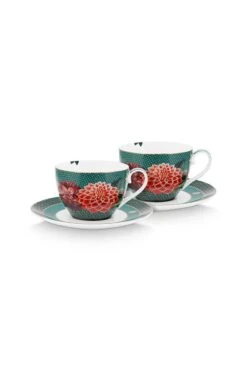 Winter Wonderland Set/2 Cappuccino Cups & Saucers Green